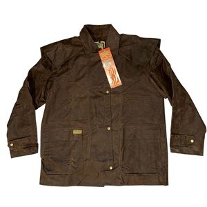 Vtg Down Under Duster Jacket Men Medium Brown Oilskin Australian Outfitters Coat